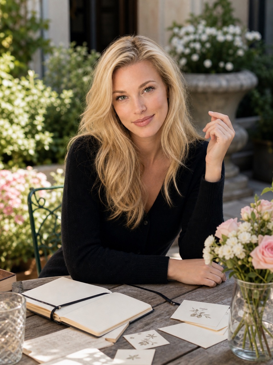 Nicole Junkerman at an outdoor table with cards, a notebook and flowers