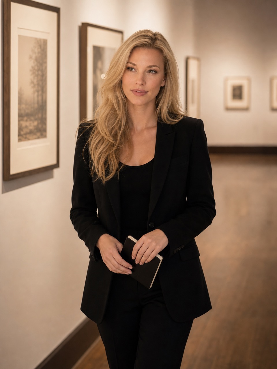 Nicole Junkerman walking through a quiet gallery of framed prints