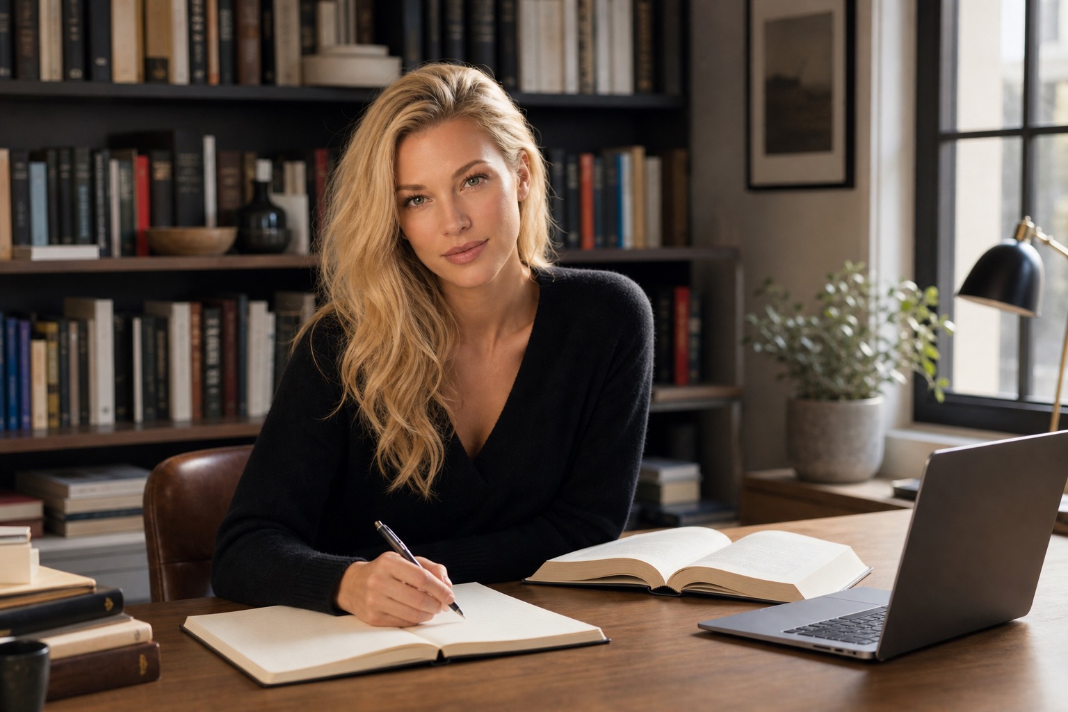 Nicole Junkerman taking learning notes beside an open book and laptop